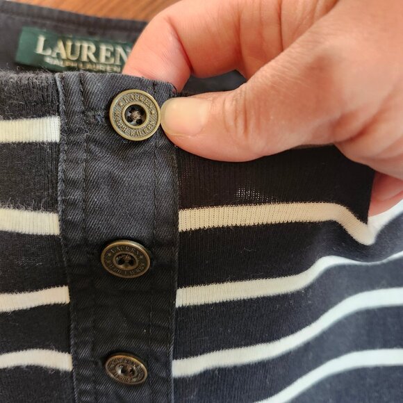 Ralph Lauren Women’s M Black White Striped Shirt 3/4 Sleeve sailing Preppy Chic - Picture 5 of 8